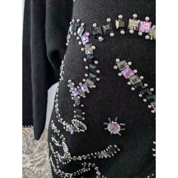ANNE KLEIN by Sadimara Vtg Sweater Womens Sz L Black Embellished Beads Glam 90s - Picture 4 of 13